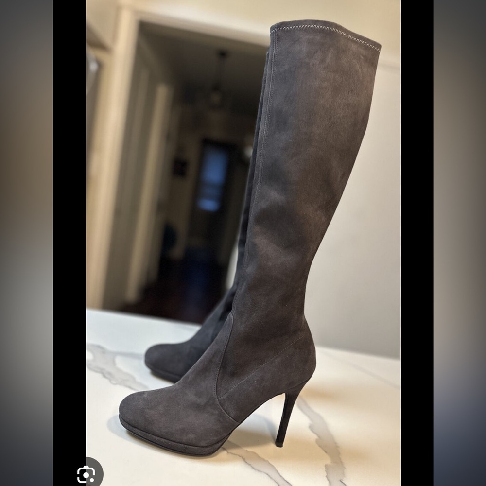 Stuart Weitzman “GIVE IT UP” High Heel Grey Suede Boots